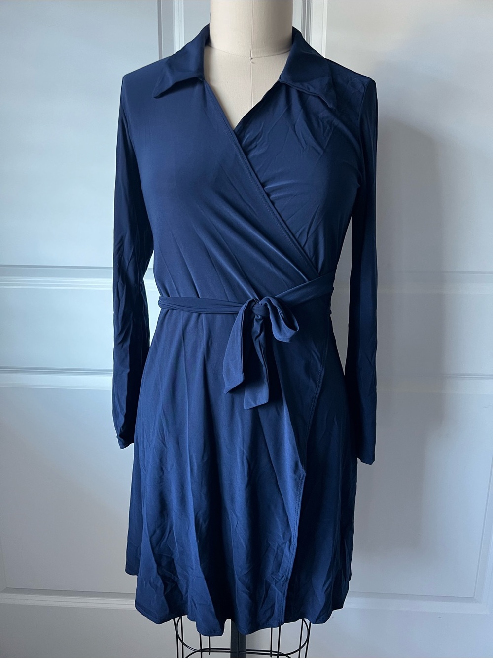 Long-Sleeve Navy Wrap Dress with Tie Waist